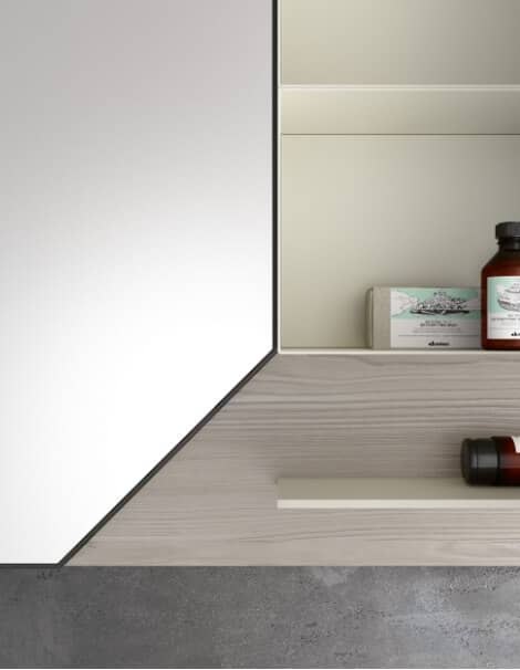 Corner modular mirror — aluminium or black brushed frame with inclined corner, vertical or horizontal, combinable