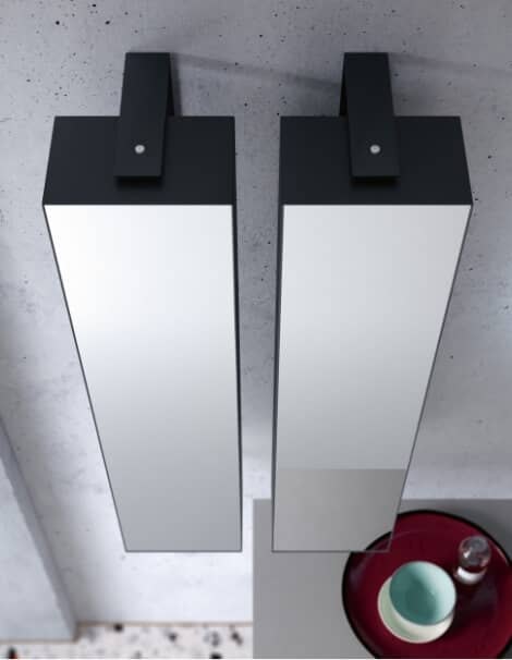 Storage mirrors — square storage mirror with lateral shelves, mirror wall units with hinged or up-and-over doors, open unit with rotating mirror