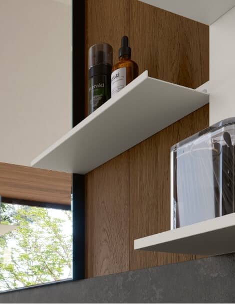 Metal storage shelves — flat-sided or bracket type, positioned up or downward, in matt lacquered or touch-effect metal