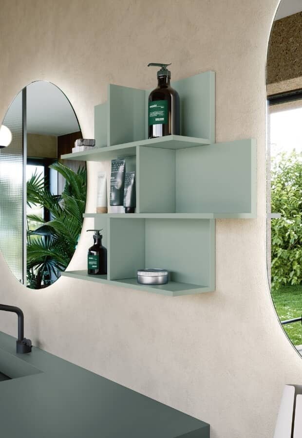 Modular shelves — wood or metal shelves and L-sides, back lacquered or in Materico / HPL finishes