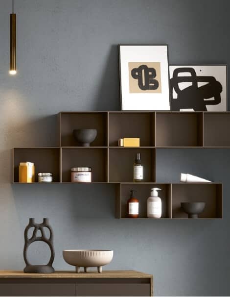 Metal open wall units — matt or touch lacquered metal, back panel in Materico, HPL or Fenix, horizontal or vertical