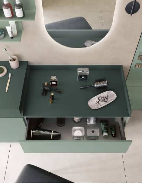 Base unit tray — sides in matt or touch lacquer, top in Materico, HPL or Fenix coordinated with the washbasin unit