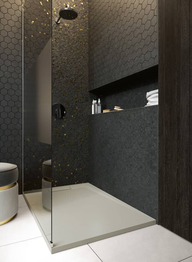 Shower trays — on the floor or flush with it, semi-circular, square or rectangular; oil-repellent, shock and wear resistant, non-slip, with drain and stainless steel grille