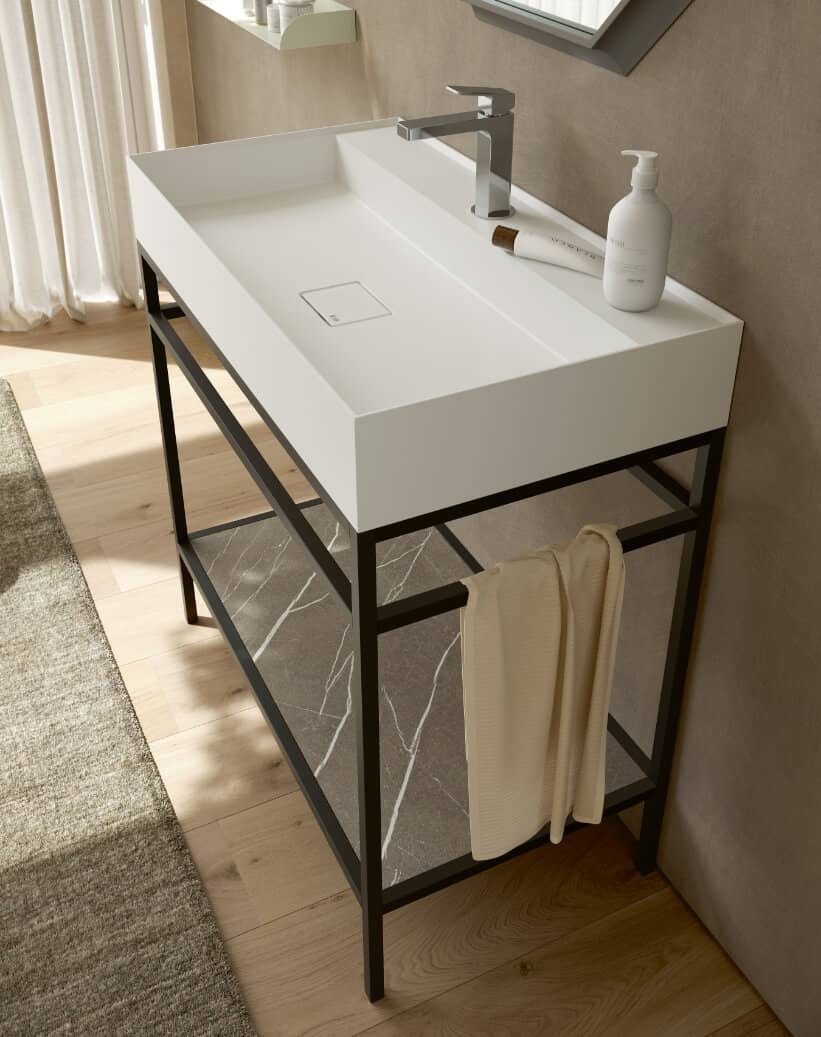 Figura countertop washbasin on matt black painted metal structure — on a surface or fixed to the wall