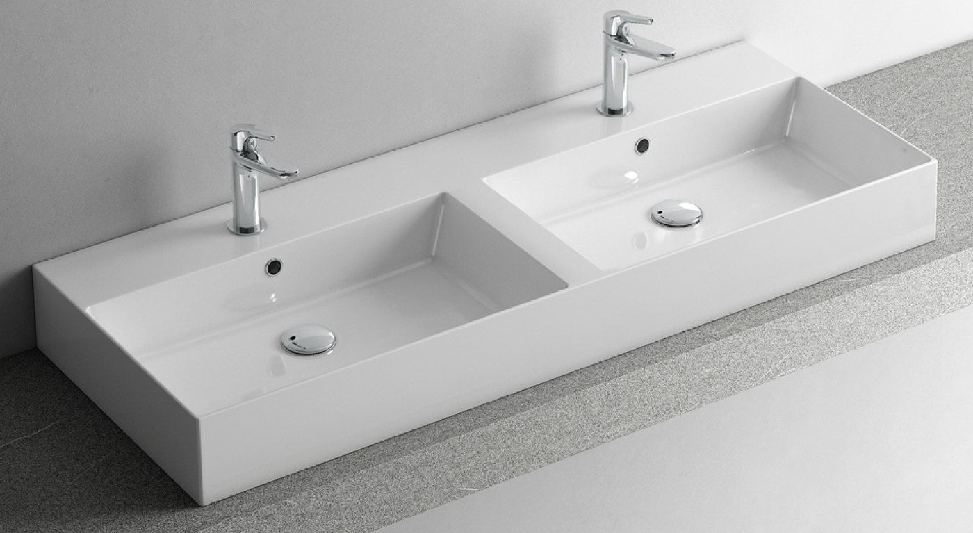 Sirio double countertop washbasin — white ceramic, twin-basin version