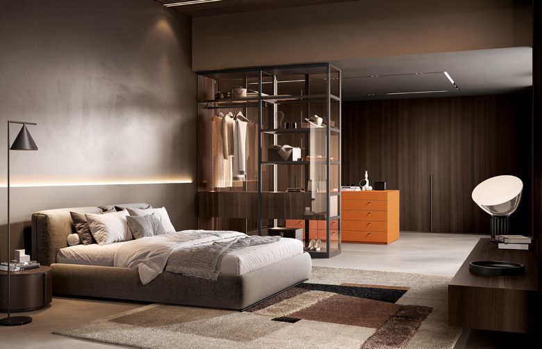 Custom wardrobe — Bedroom with a glass-front wardrobe and leather dresser