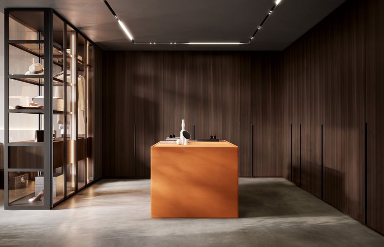 Custom wardrobe — Wardrobe wall with a leather island