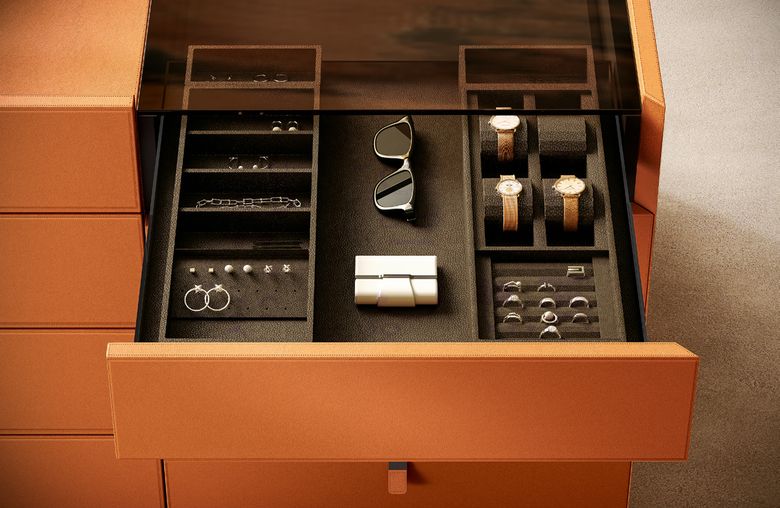 Custom wardrobe — Open island drawer with jewellery and watch trays