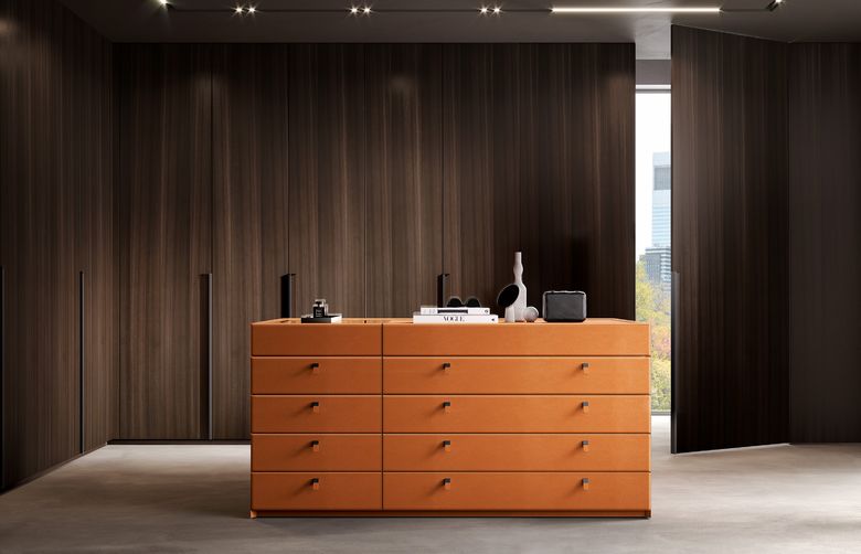 Custom wardrobe — Wardrobe wall with a double leather island
