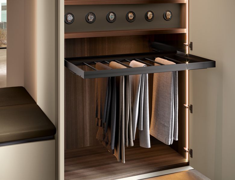 Custom wardrobe — Pull-out trouser rack below watch winders
