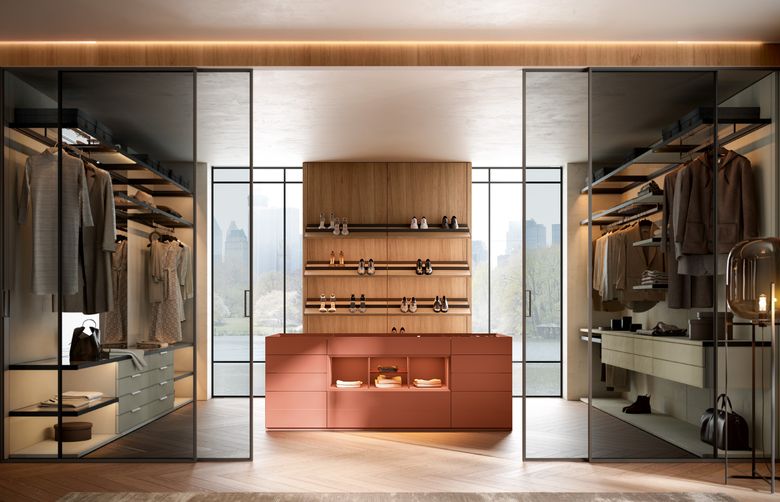 Custom wardrobe — Twin glazed walk-ins with island and shoe wall
