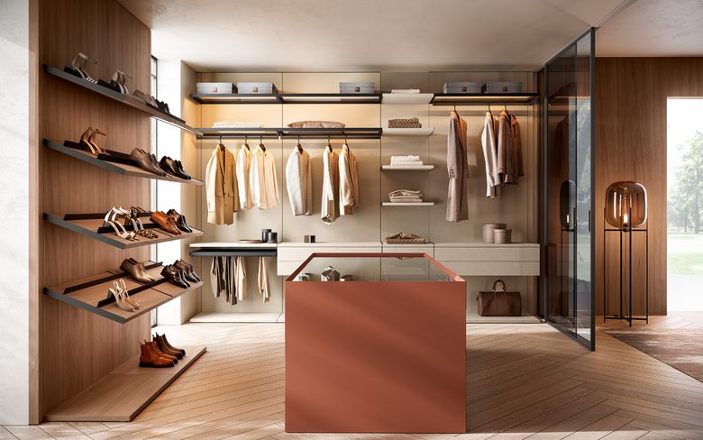 Custom wardrobe — Open walk-in with angled shoe shelving