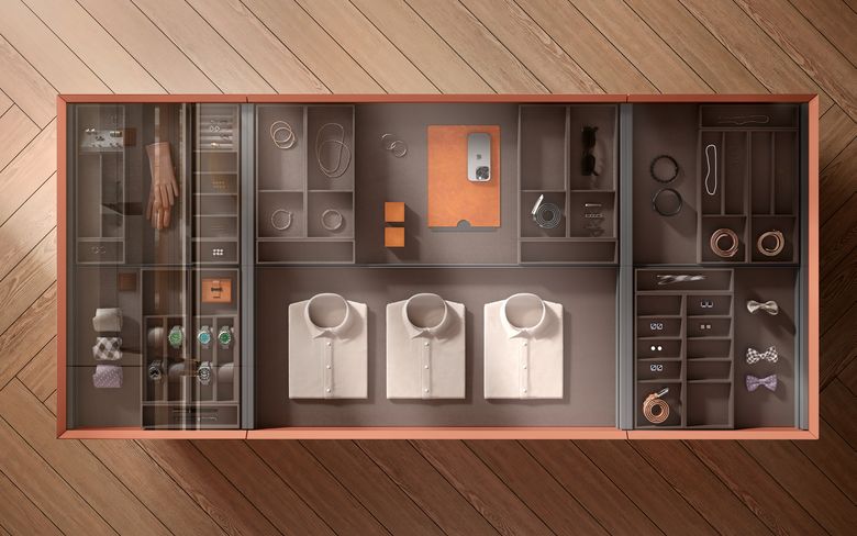 Custom wardrobe — Island from above — jewellery, watch and shirt trays