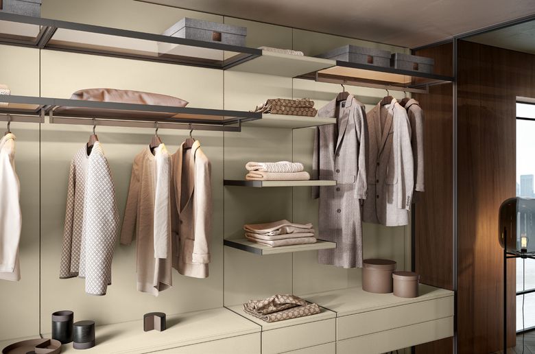 Custom wardrobe — Wall system with open shelving and hanging rails