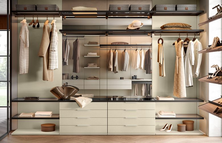 Custom wardrobe — Wall system with glass shelving and drawers