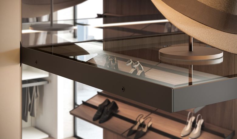Custom wardrobe — Glass-topped shelf with hat stand