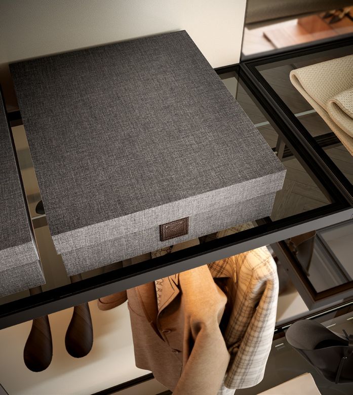 Custom wardrobe — Storage box on a glass shelf