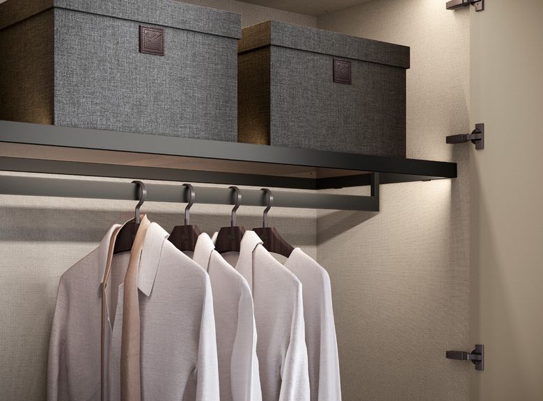 Custom wardrobe — Shelf with hanging rail and storage boxes