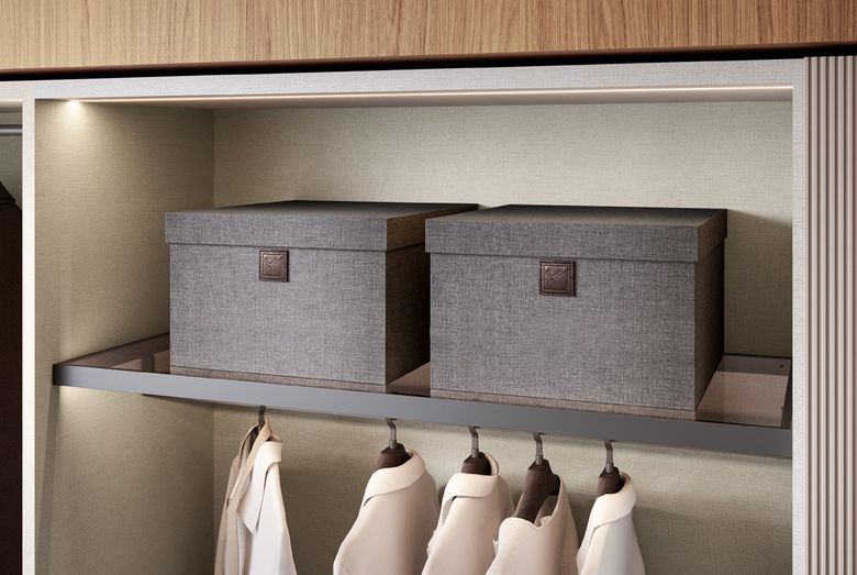 Custom wardrobe — Storage boxes on a lit shelf