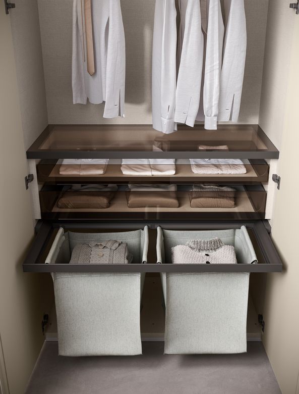 Custom wardrobe — Pull-out trays and linen hampers