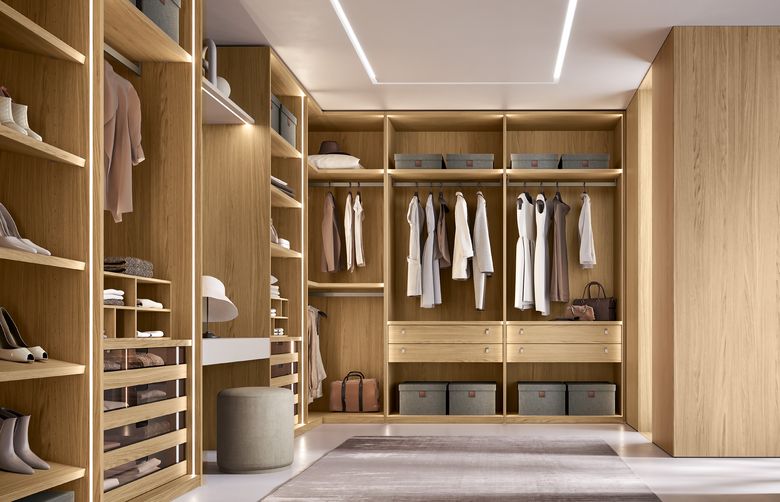 Custom wardrobe — Walk-in with open shelving and glass-front drawers