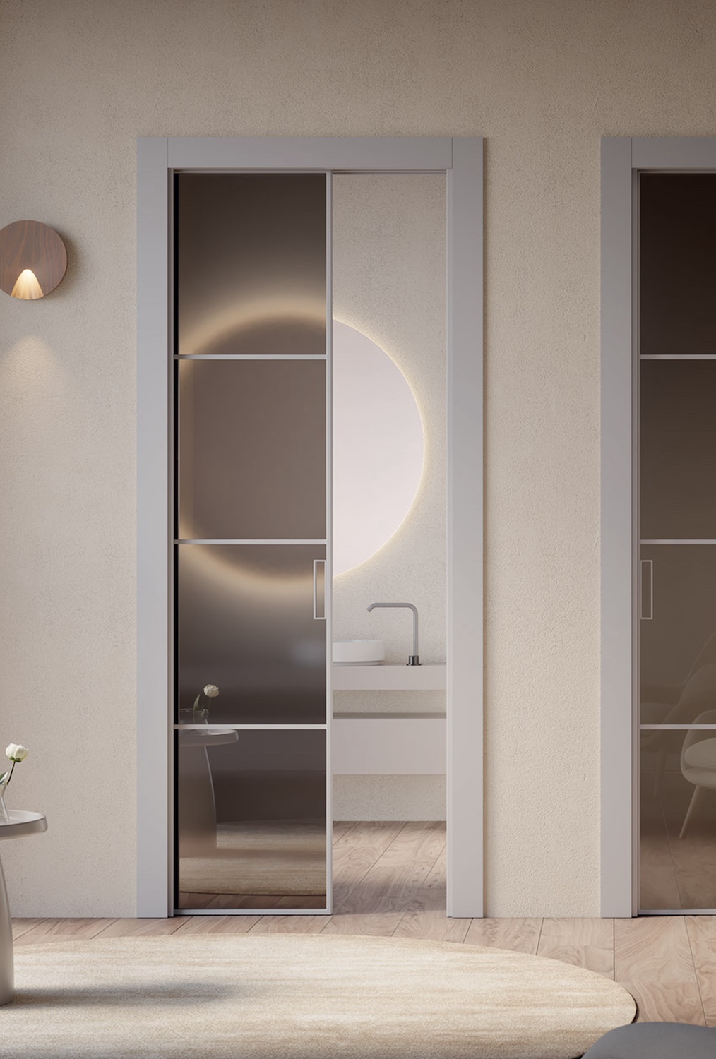 Luce concealed sliding pocket glass door — full vertical view