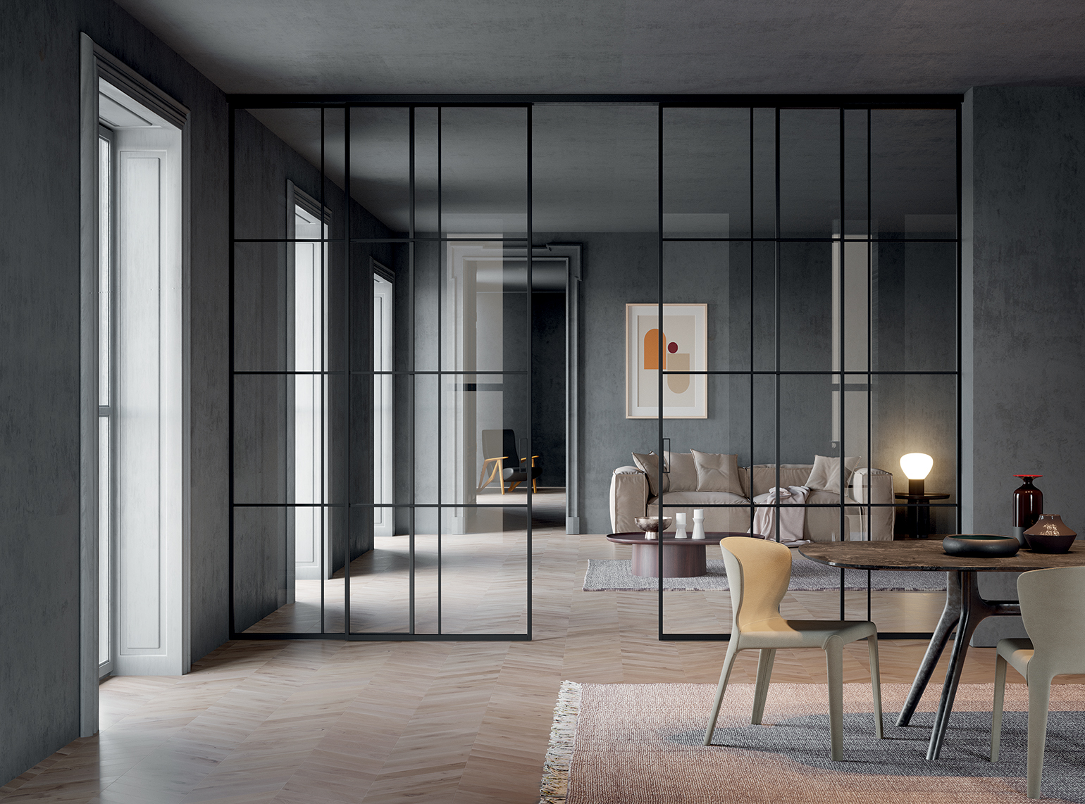 Aluminium glass door — frame detail in residential interior