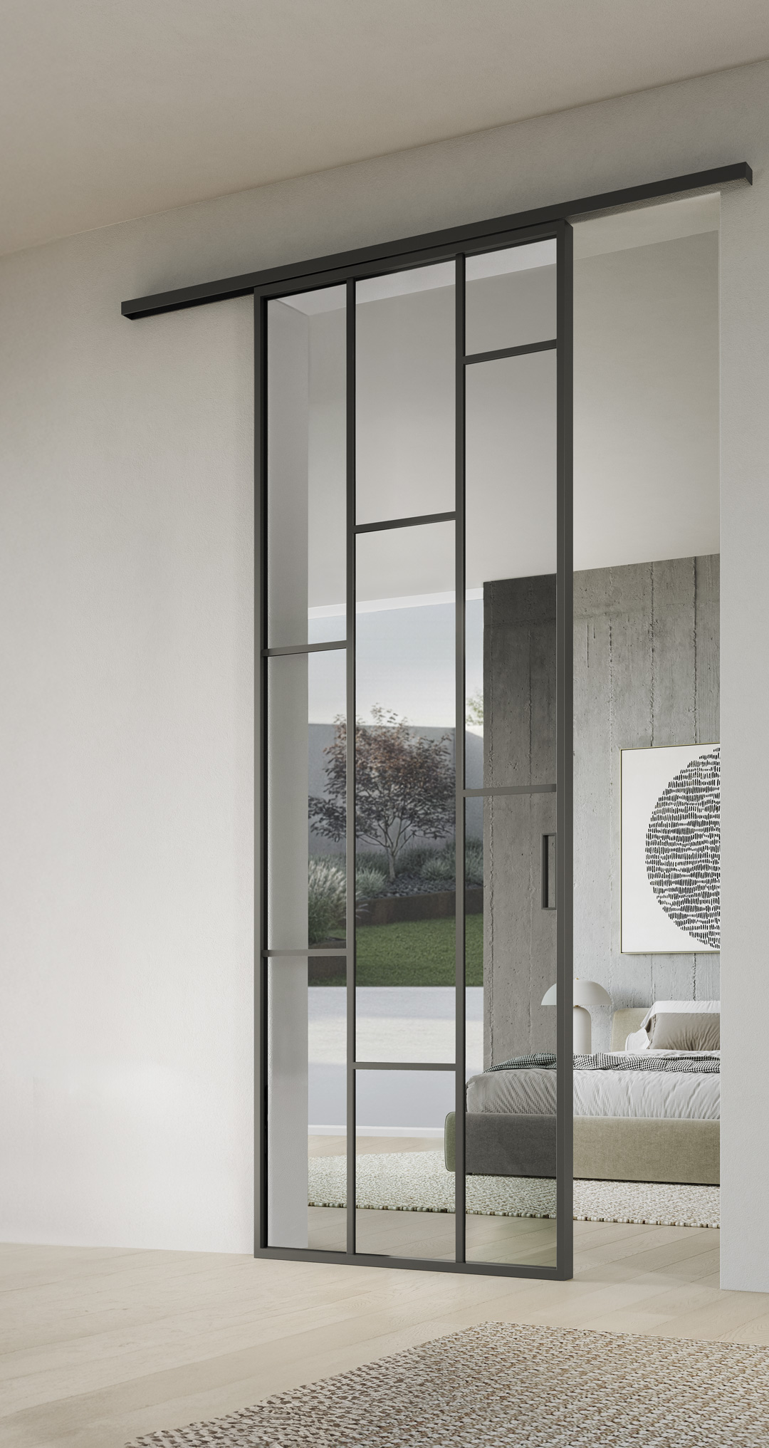 Aluminium glass door — finish and profile in interior context