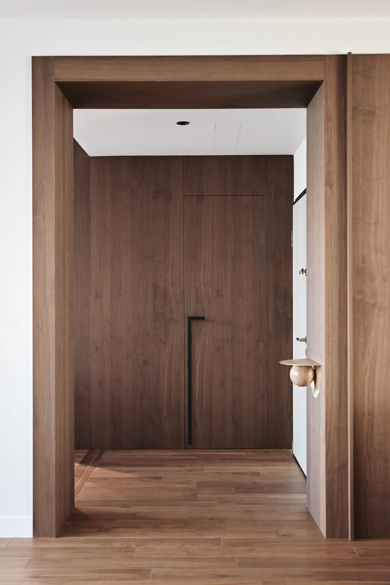 DND (IN)finito linear pull on a walnut flush door, Bucharest apartment
