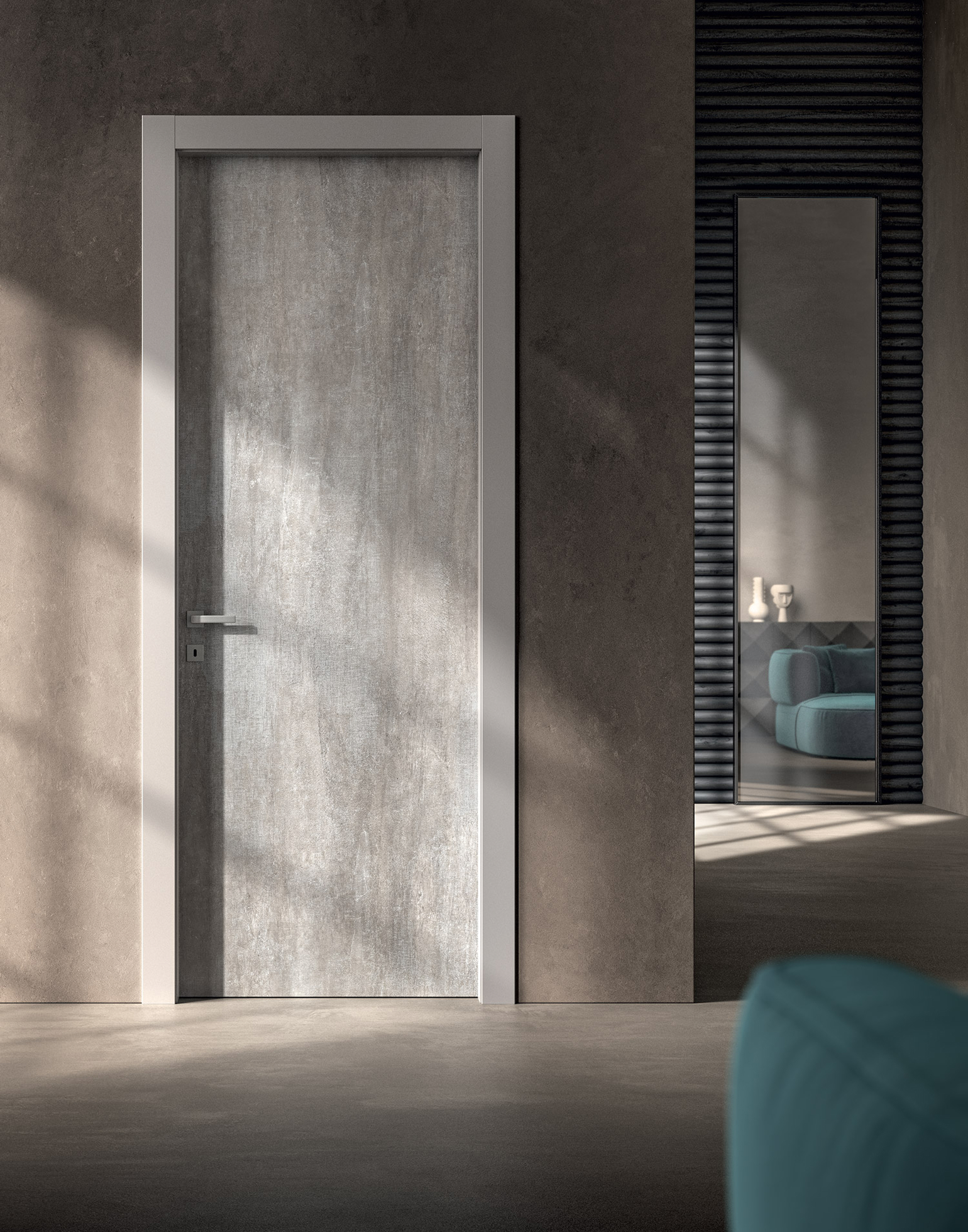 Materia concrete-textured door in a metropolitan interior