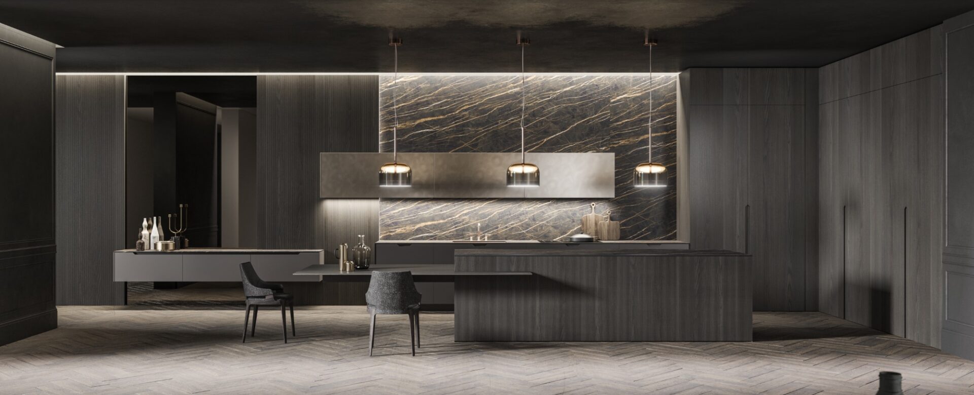 Aster Cucine Pure Glam kitchen — dark stone island and feature wall