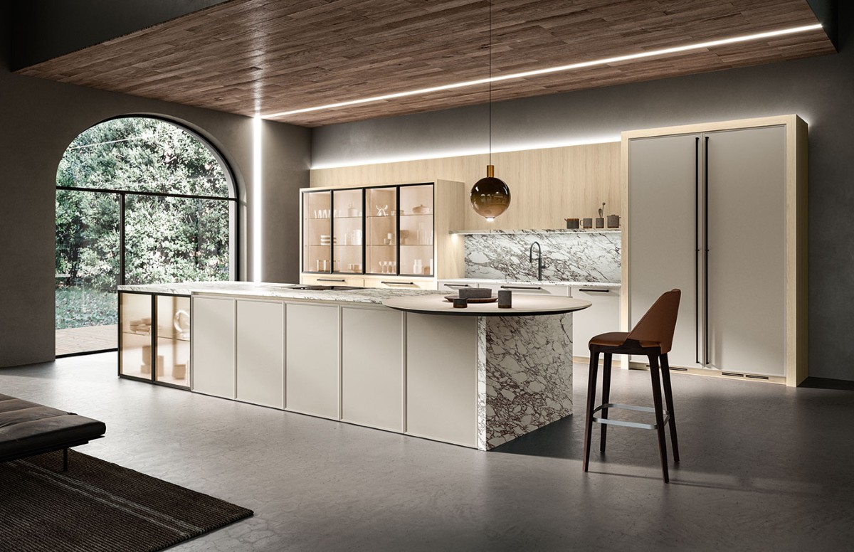 Quintessence island kitchen with marble and warm-wood ceiling