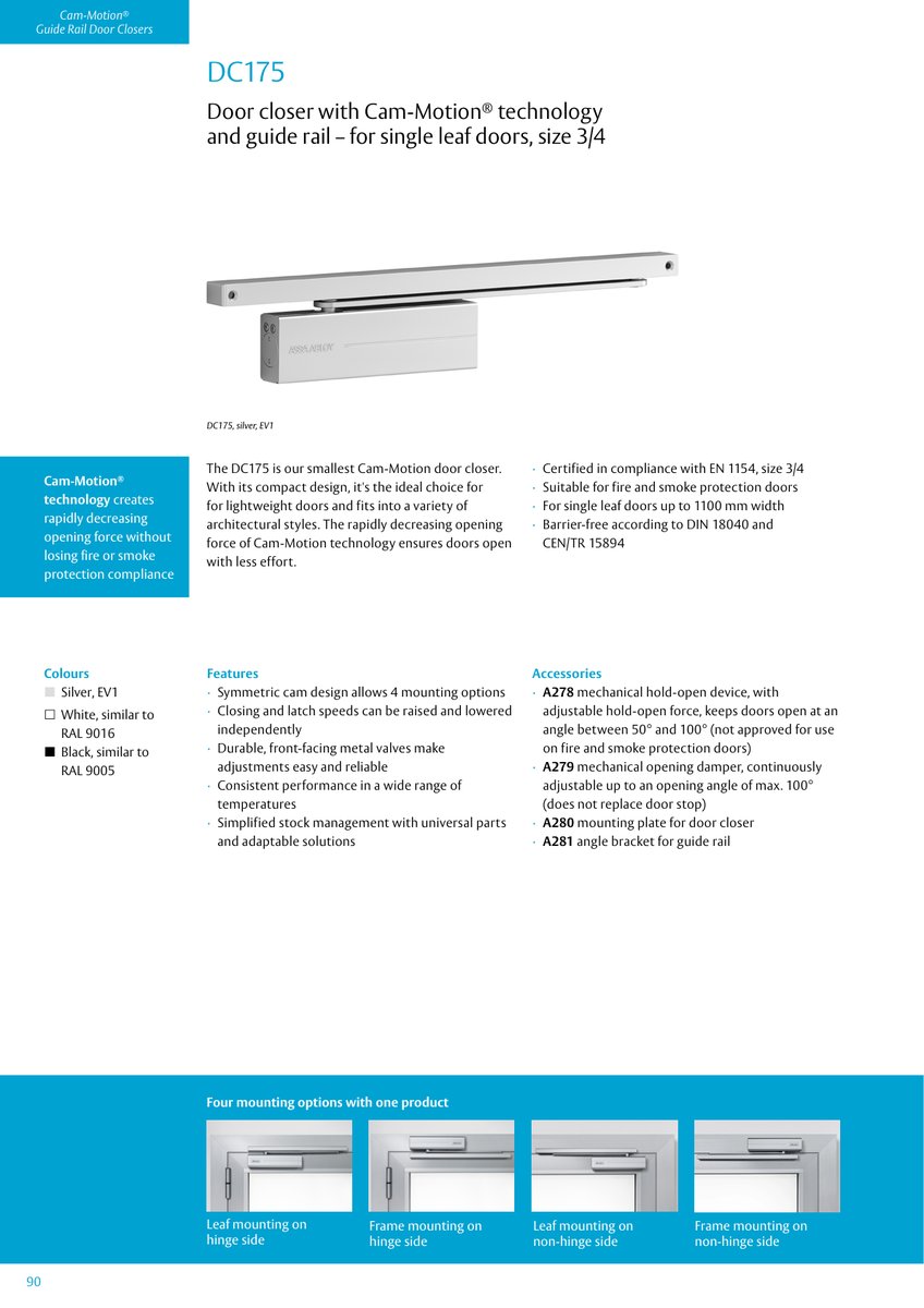 Assa Abloy DC175 surface door closer datasheet