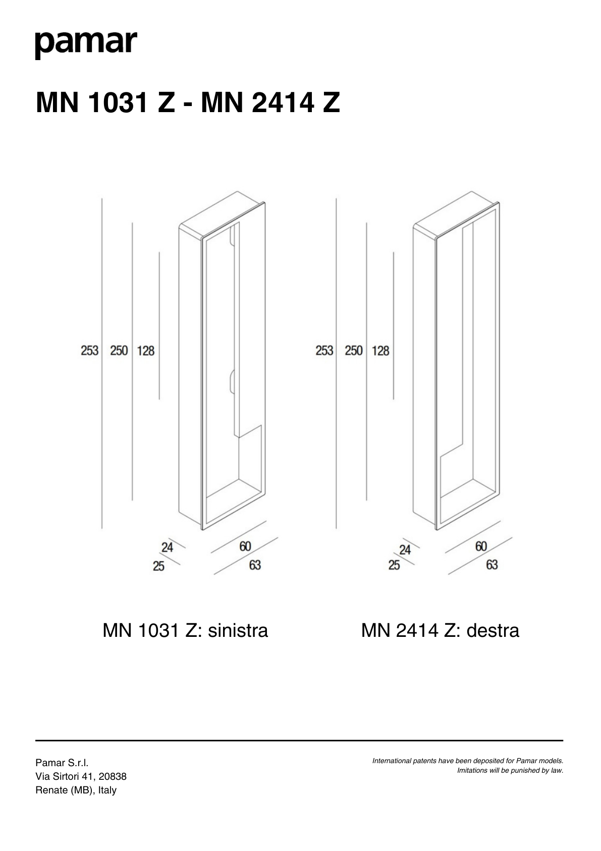 Pamar MN 1031 Z - MN 2414 Z technical drawing with dimensions