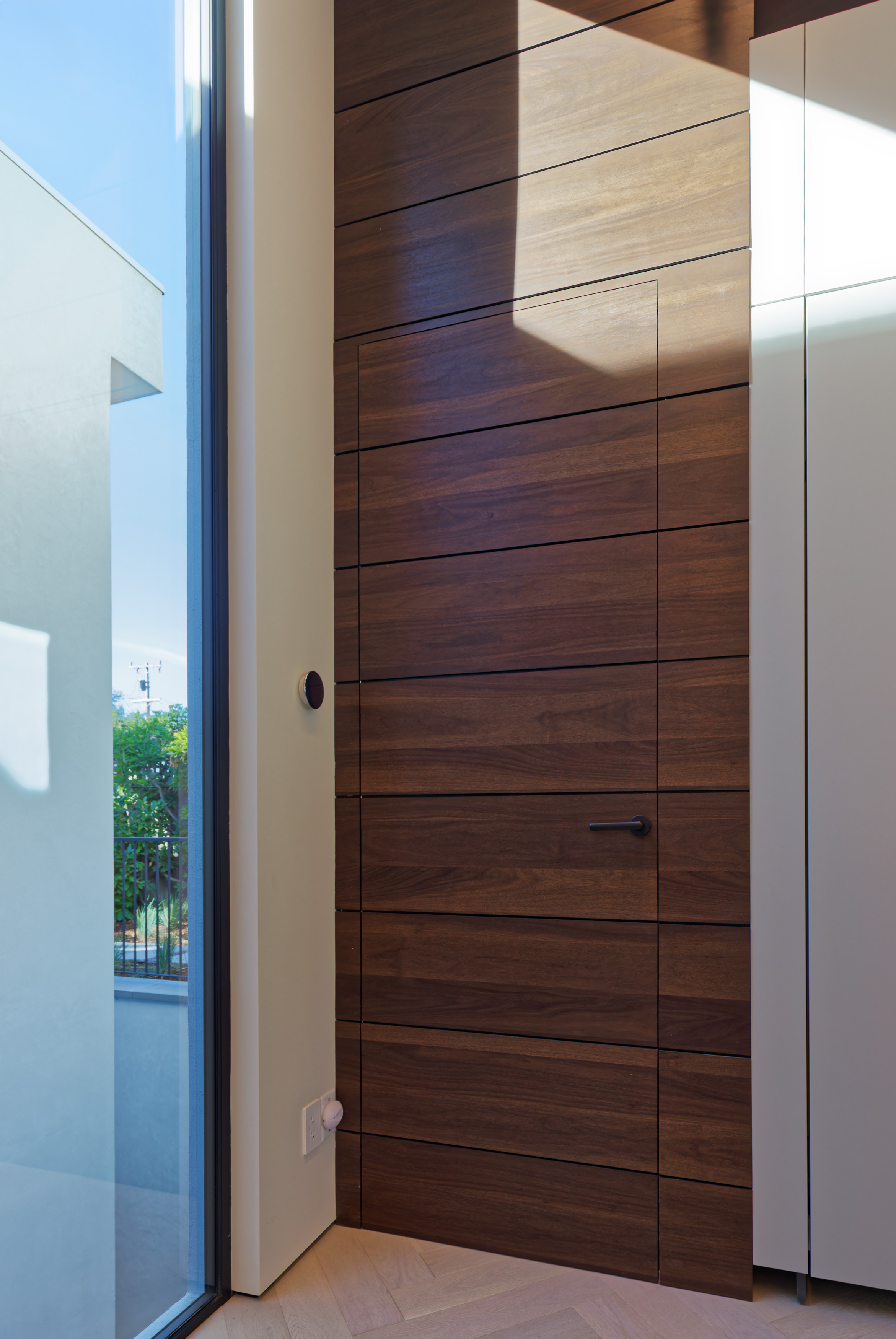Flush walnut interior door with DND lever — hallway elevation